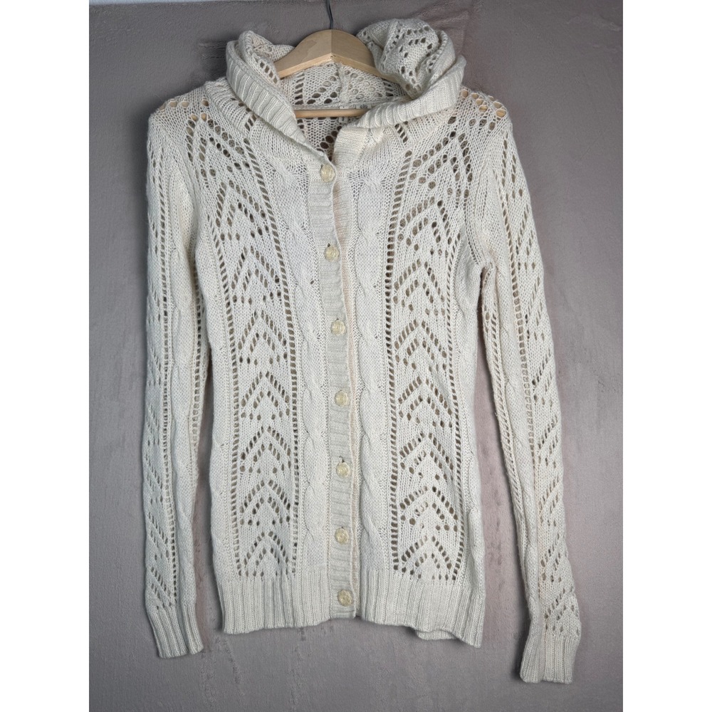 Moth Anthropologie Hooded Cardigan Womens Small Ivory Wool Angora Pointelle Knit